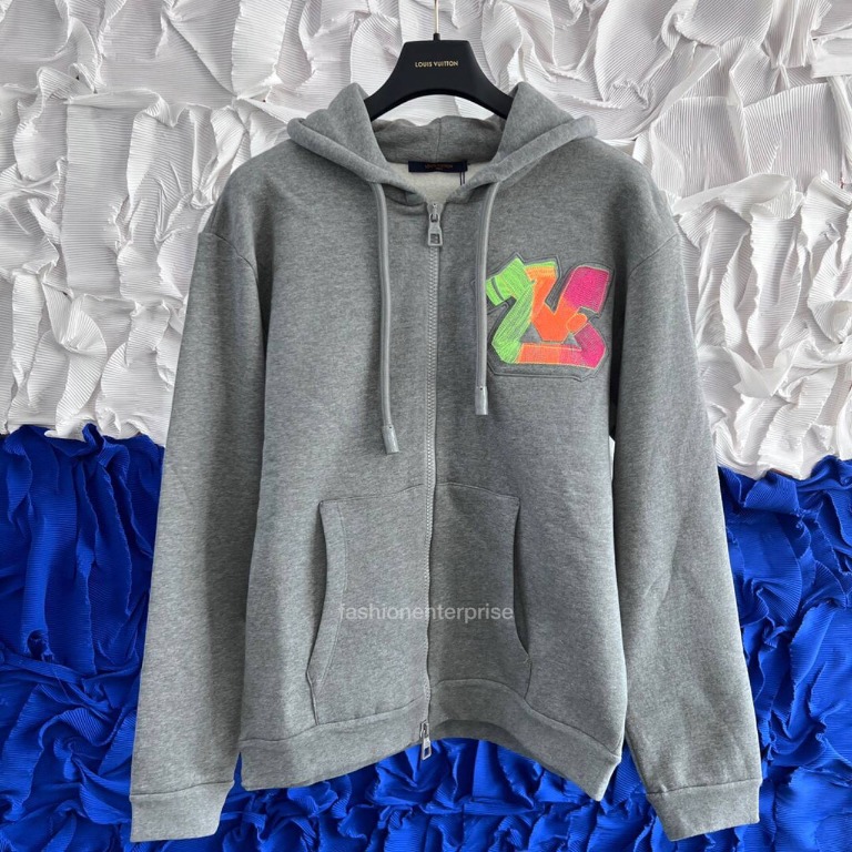 Louis Vuitton 3D LV Graffiti Embroidered Zipped Hoodie in Grey Cotton