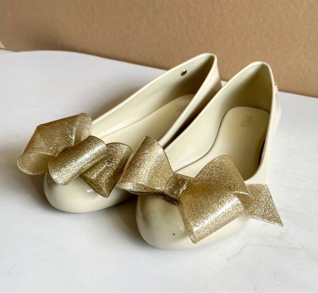 Melissa Women Space Love Ribbon Bow Ballet Flats in Beige Gold Size 35 36