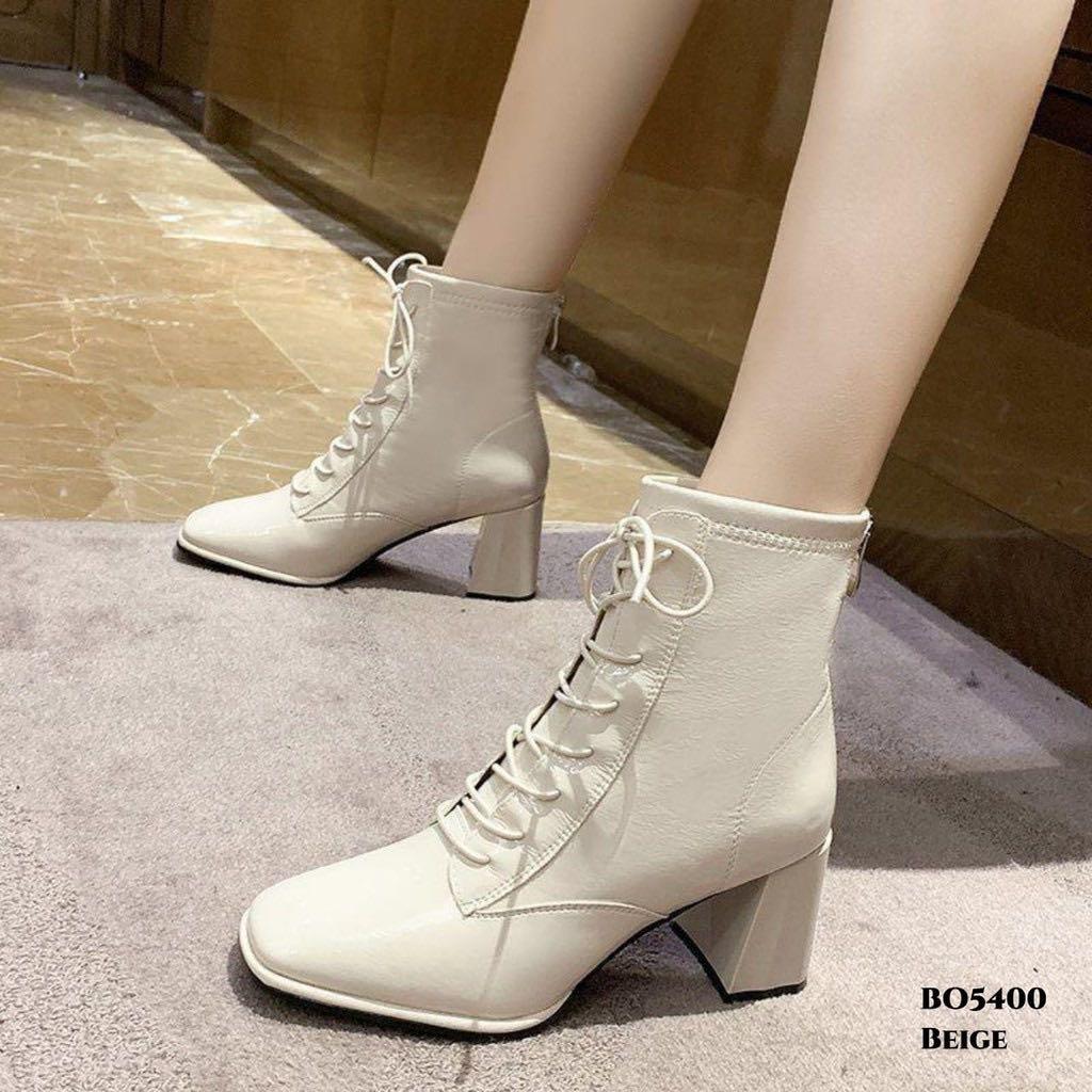Sepatu boots Hitam Beige Glossy korean style Heels cewek Sepatu pesta