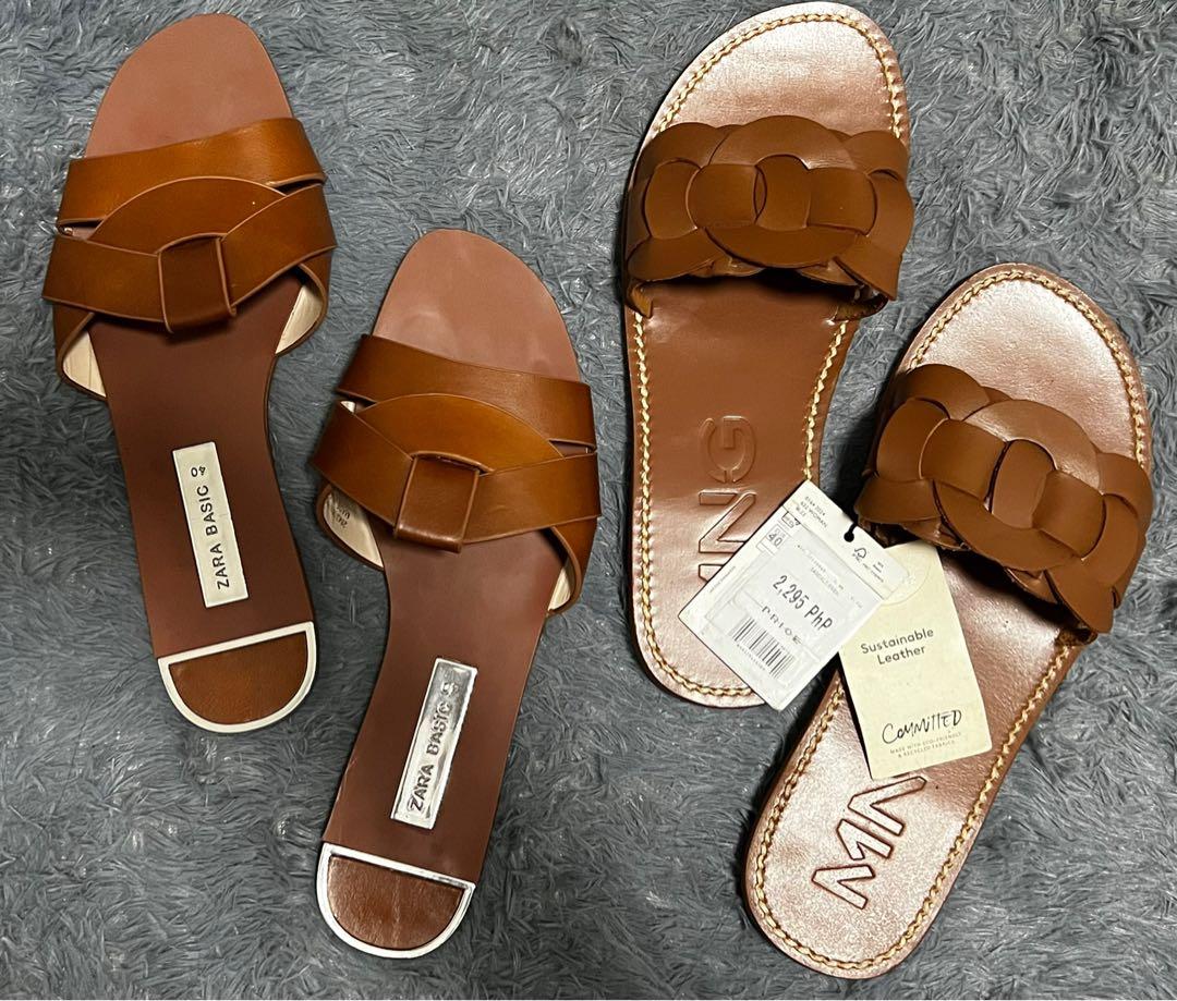 Zara criss cross leather flat slider sandals Women s Fashion