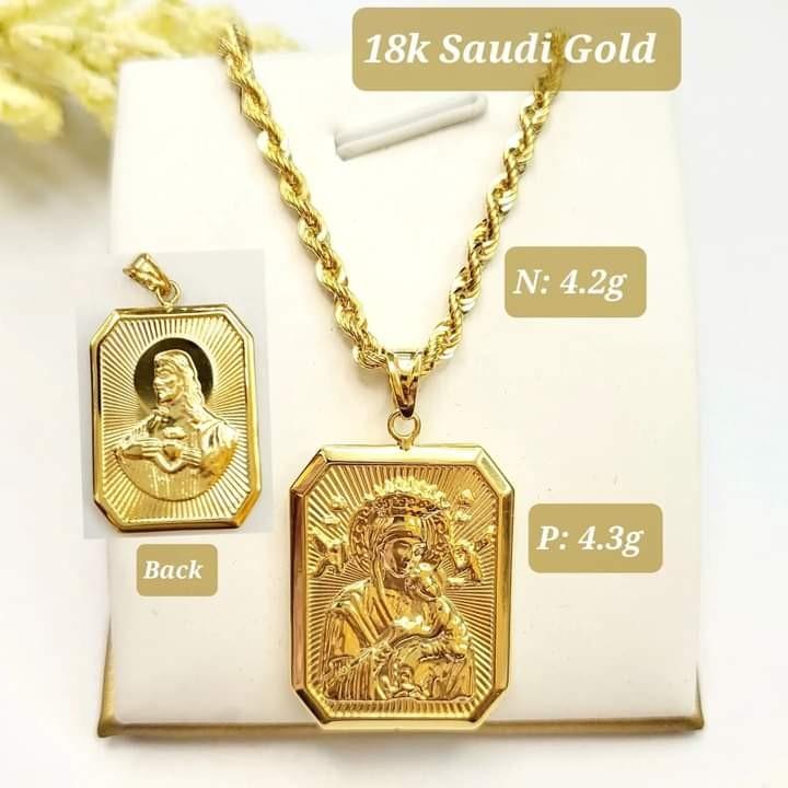18k Saudi Gold Necklace Rope Chain Jesus Christ Mama Mary Front Back