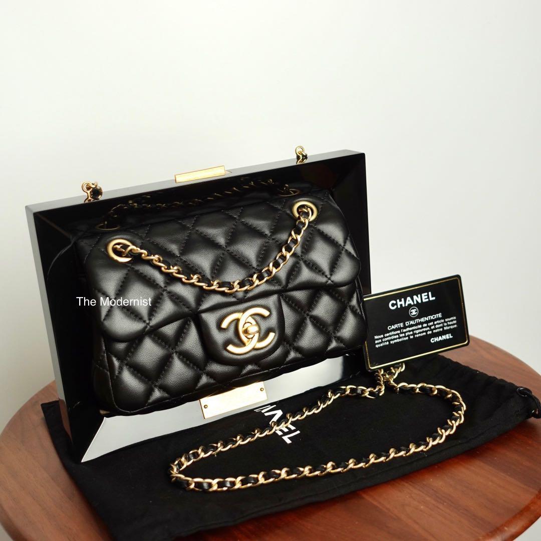 Authentic Chanel 2014 Runway Frame Bag Black Lambskin with Lucite Frame and Antique Gold Hardware