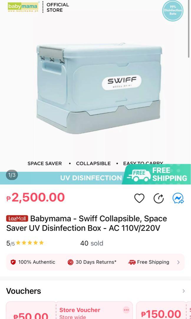 BNew SWIFF Collapsible Disinfection Box (Category: Cleaning Tools & Supplies) located in Manila. Submitted by inlababoqueen (Listing ID 1174039024, Image 3). Description: UV disinfection box can be used for face masks, headphones, hearing aids, stethoscopes, dentures, underwear, toothbrushes, beauty tools, baby bottles, toys, socks, forks, knives, watches, glasses, and jewelry and anything that can fit in the box. Fits A4 and legal size when plac