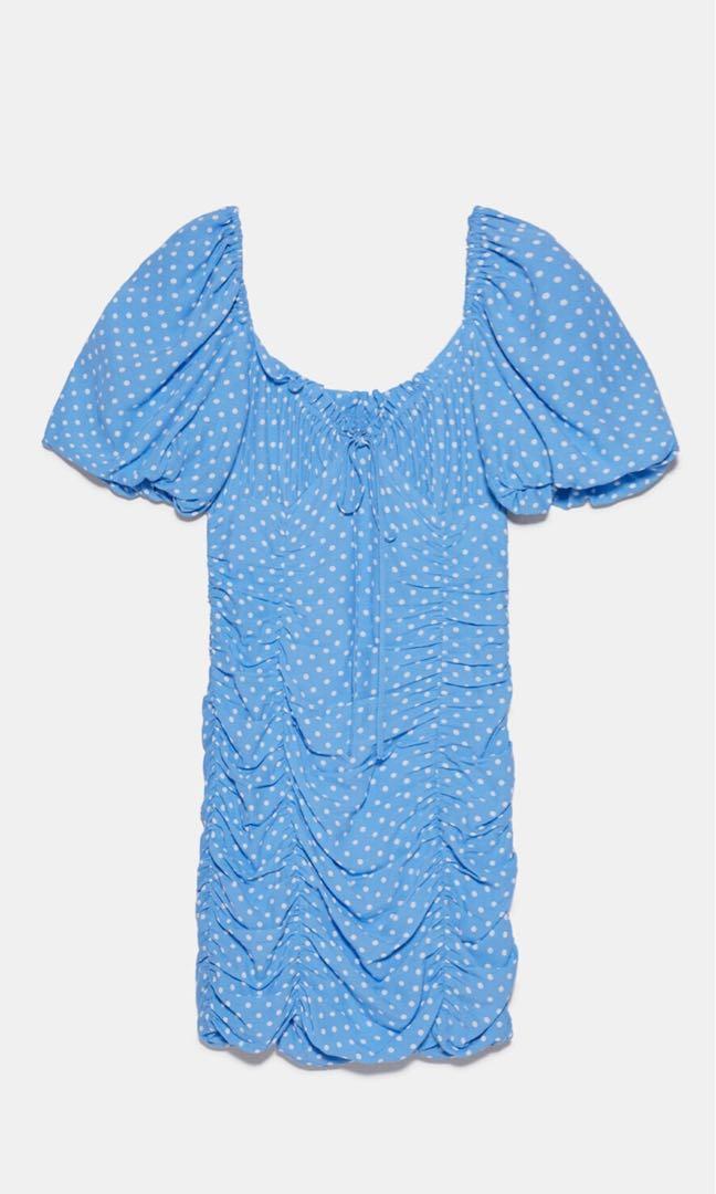 zara blue and white polka dot dress ZARA Blue Polka Dot Printed Midi Dress UK XS main image 1