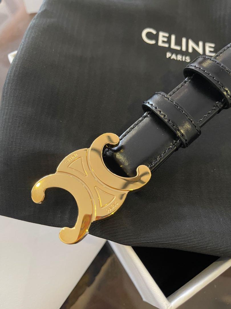 CELINE 25S TRIOMPHE BELT 18MM IN BLACK CALFSKIN GOLD HARDWARE 580707