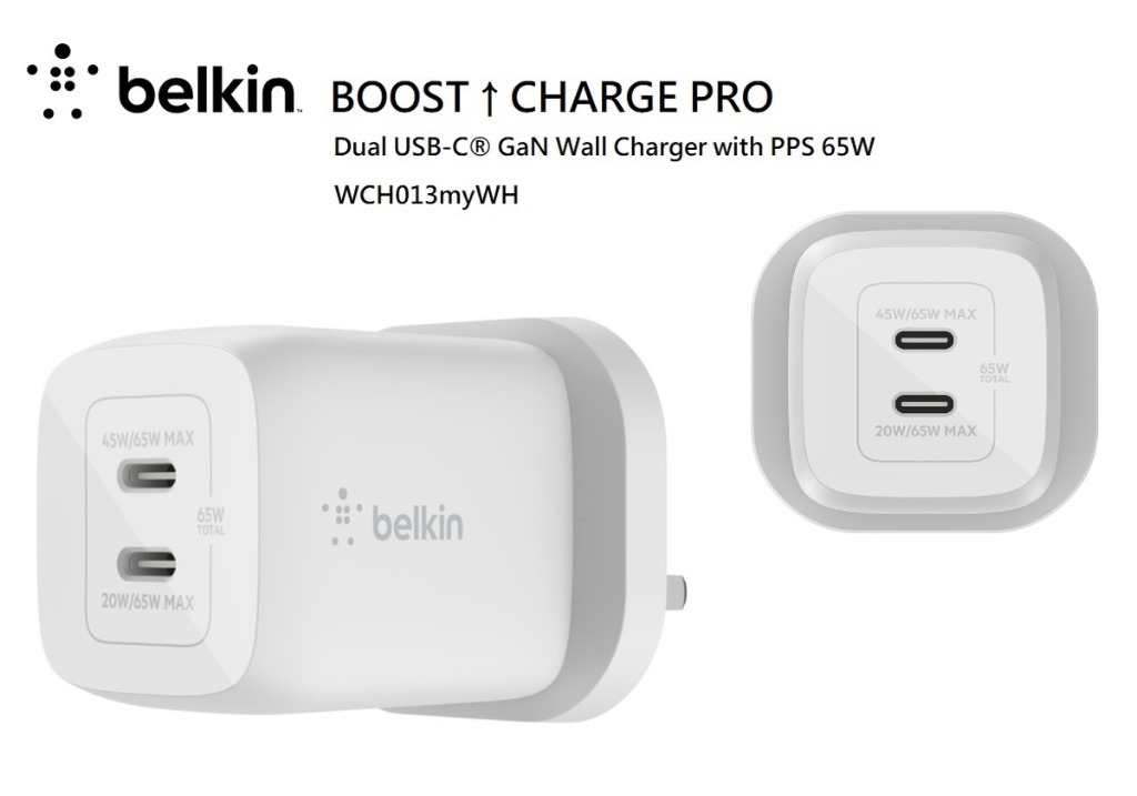 Belkin BOOST↑CHARGE PRO Dual USB-C® GaN PPS 65W 家用式充電器