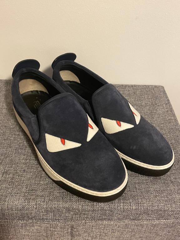 Fendi Suede Monster Bugs Eyes Slip On Sneakers Navy Blue, Luxury