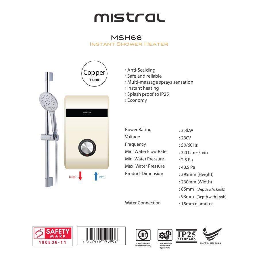 🔥FOC Installation🔥Mistral Higher Water Pressure Instant Water Heater!  MSH66, TV u0026 Home Appliances, Water Heater u0026 Instant Showers on Carousell