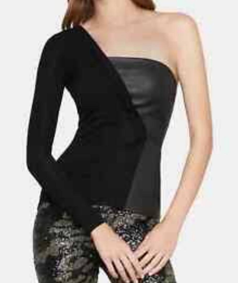 NEW BCBGMAXAZRIA ONE SHOULDER FAUX LEATHER TOP BLACK MEDIUM