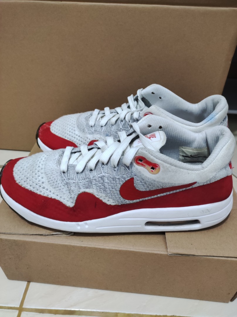 NIKE AIR MAX 1 ULTRA FLYKNIT OG UNIVERSITY RED, Fesyen Pria, Sepatu ,  Sneakers di Carousell