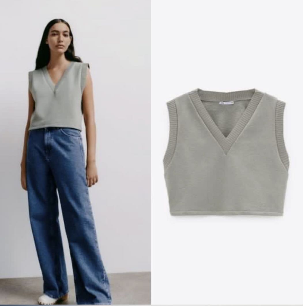 Sage Green Vest by Zara, Fesyen Wanita, Pakaian Wanita, Atasan di Carousell