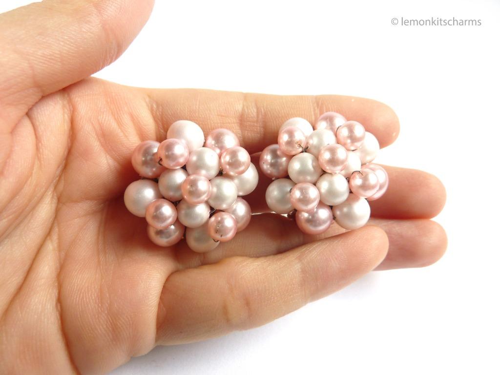 Vintage 1950s Japan Pink Faux Pearl Cluster Earrings er2117 ci