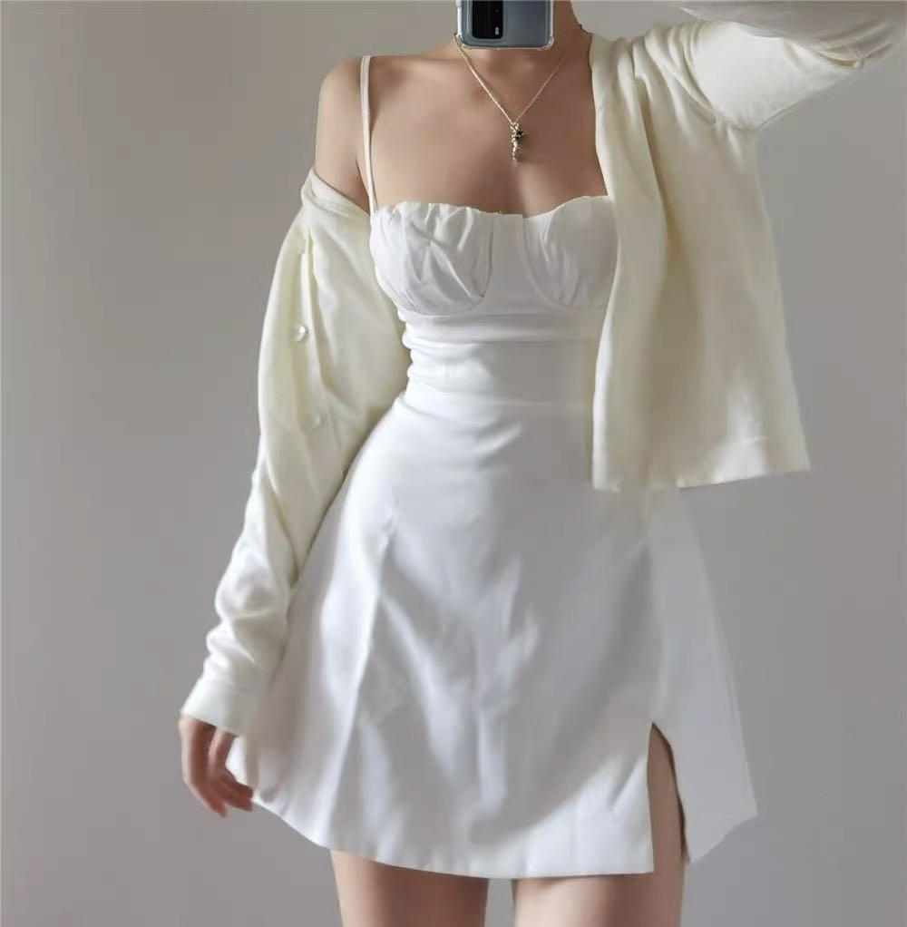 White fitted spaghetti strap dress on sale