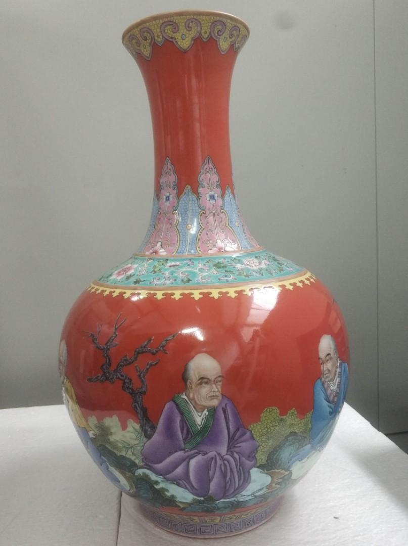 早期景德鎮特藝瓷重工粉彩全手繪金印珊瑚紅五大羅漢大清瓶花瓶花