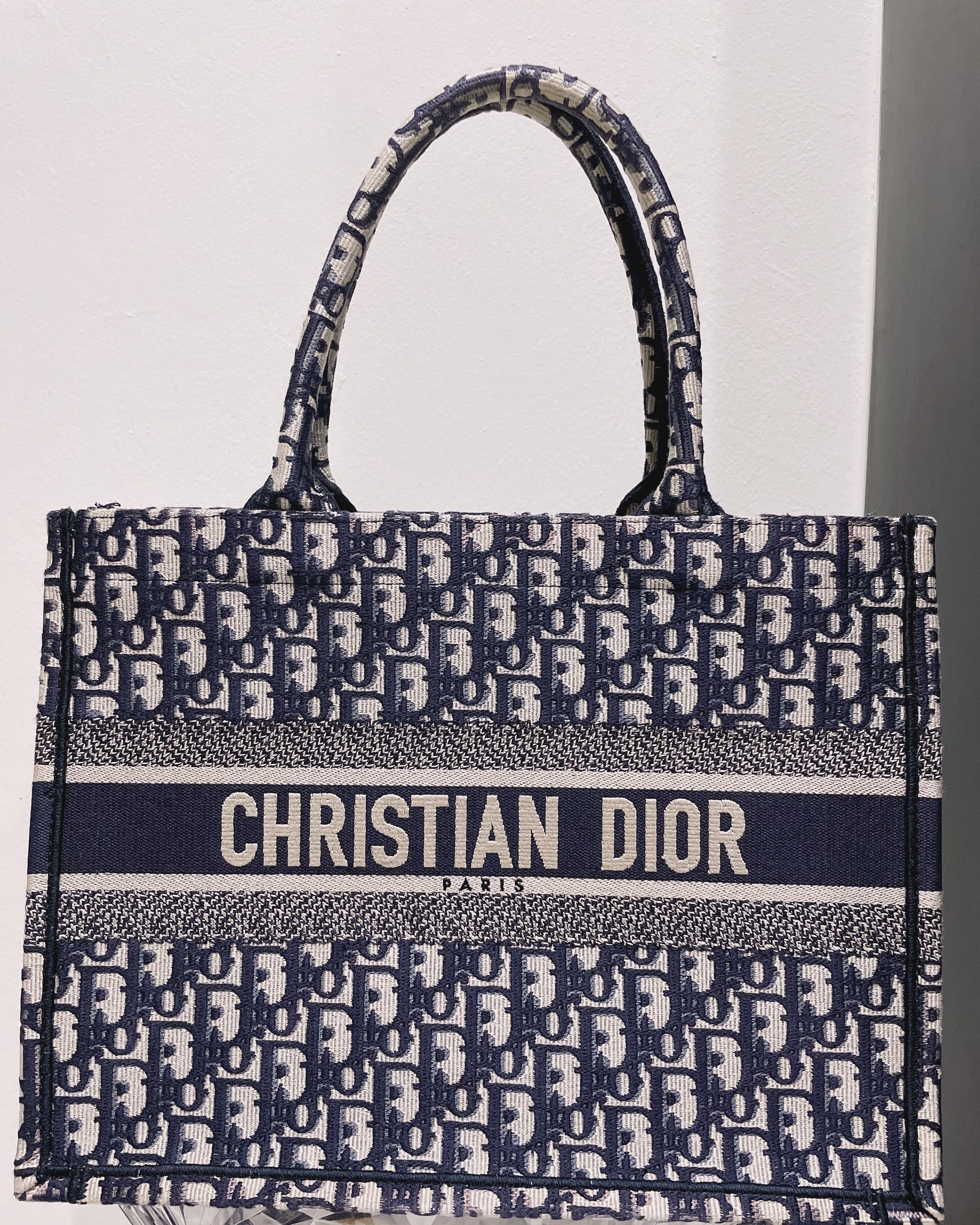 Small Dior Book Tote Ecru and Blue Dior Oblique Embroidery (26.5 x 21 x 14  cm)