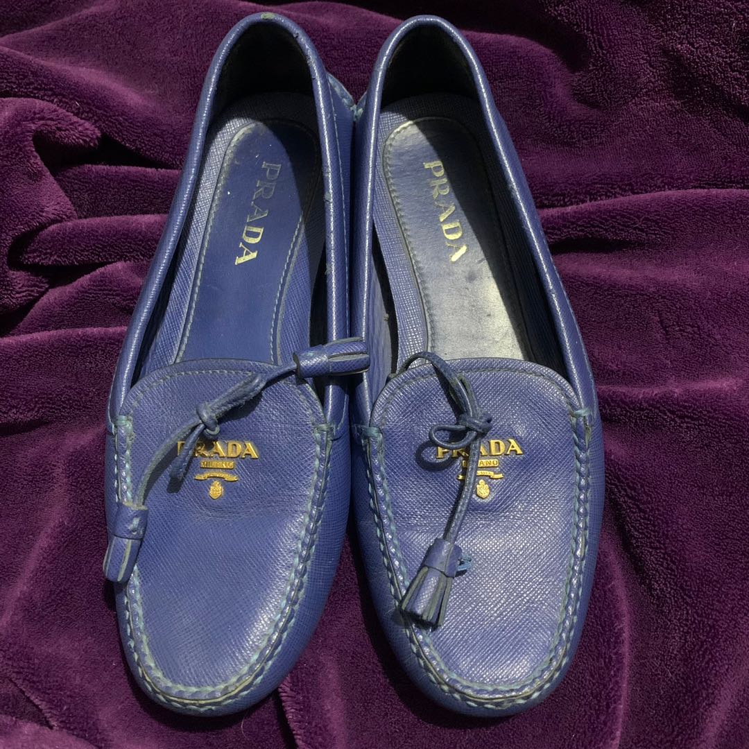 Prada Blue Saffiano Leather Bow Loafers, Luxury, Sneakers & Footwear on  Carousell