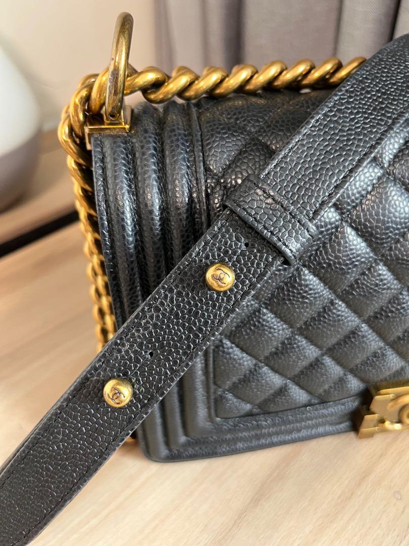 Rare to come by Chanel Boy Old Medium Caviar Black with antique gold hardware