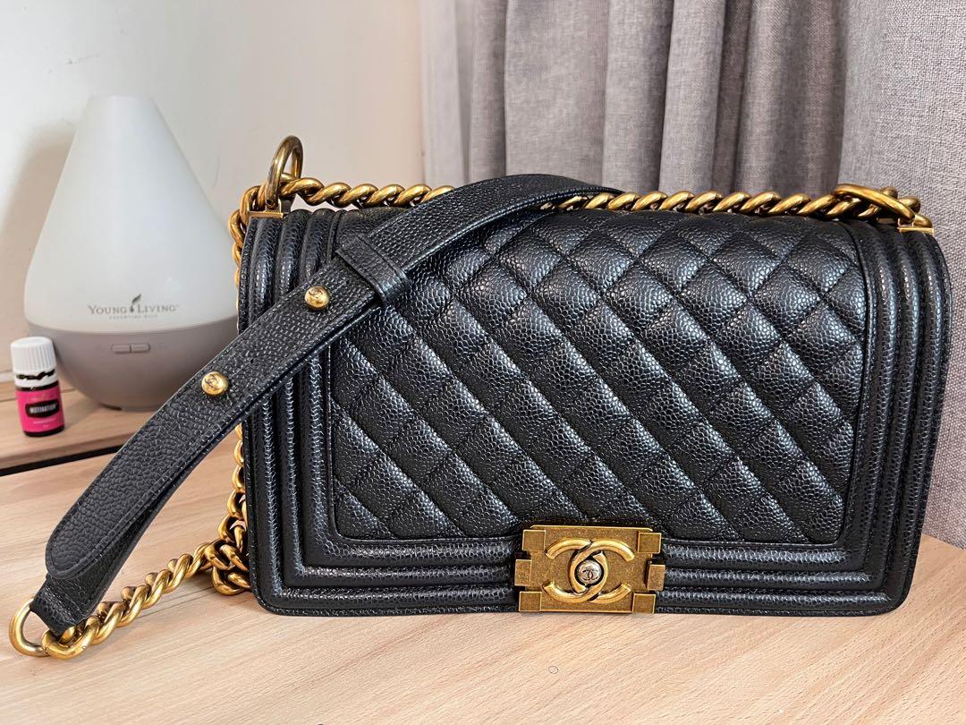 Chanel Medium Boy Bag Black Caviar Antique Gold Hardware – Madison Avenue  Couture