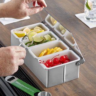 Stainless Steel Food Storage Containers 4 Compartment Ideal for Self-Serving, Clear Flip-Top Lid clear acrylic lid which allows the condiments to stay visible when covered.  Sale @ 599.00/pc only  Message us for more info.