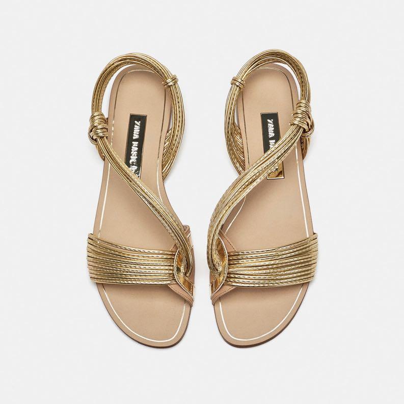 Zara Gold Metallic Bantli Flat Sandal Shoes With Knot Detail