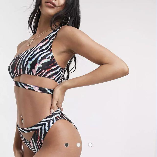 asos luxe palm asymetric bikini set top bottom Women s Fashion