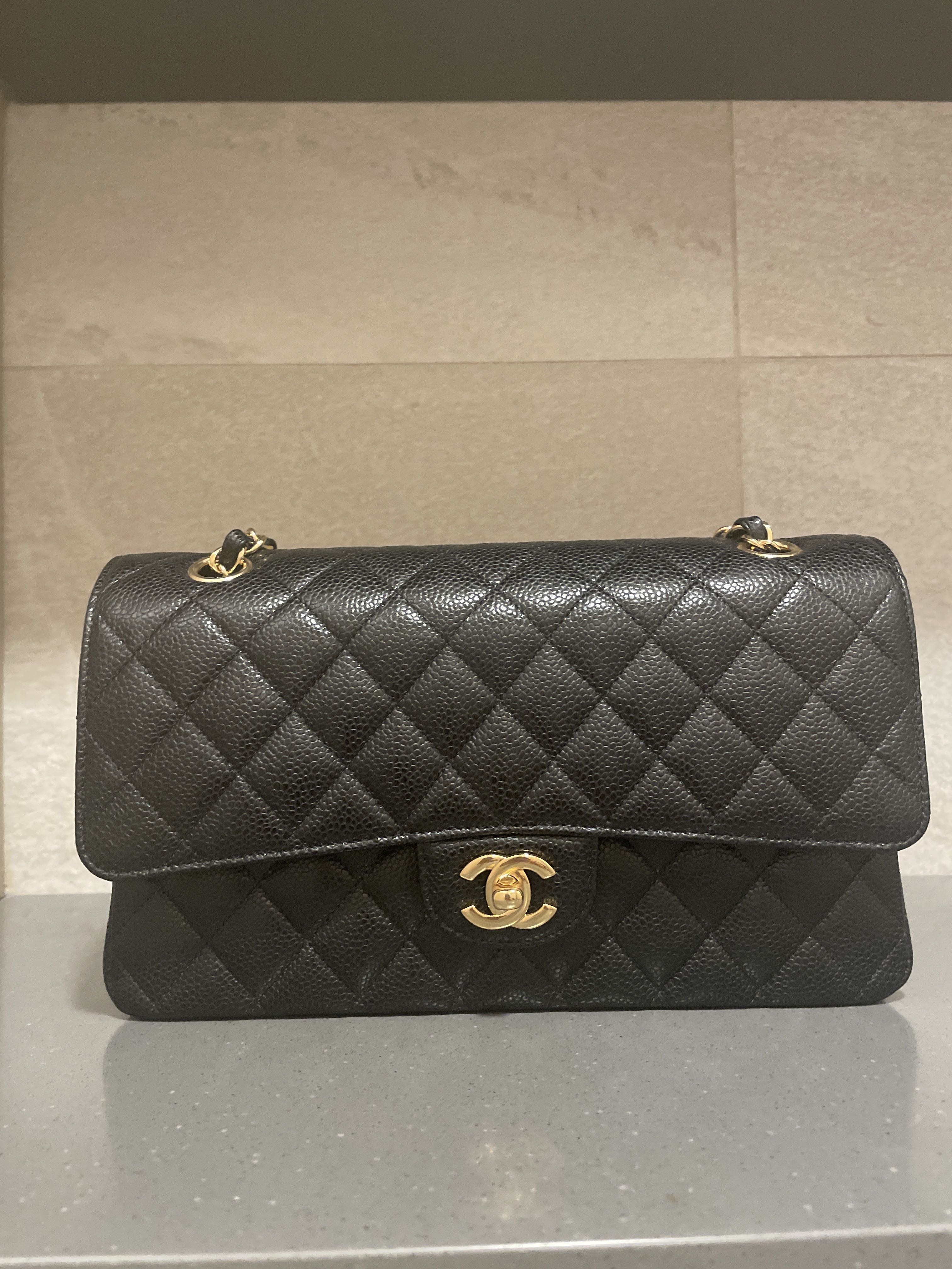 Chanel Classic Medium Double Flap 21A Light Brown/Caramel Quilted Caviar  with light gold hardware.
