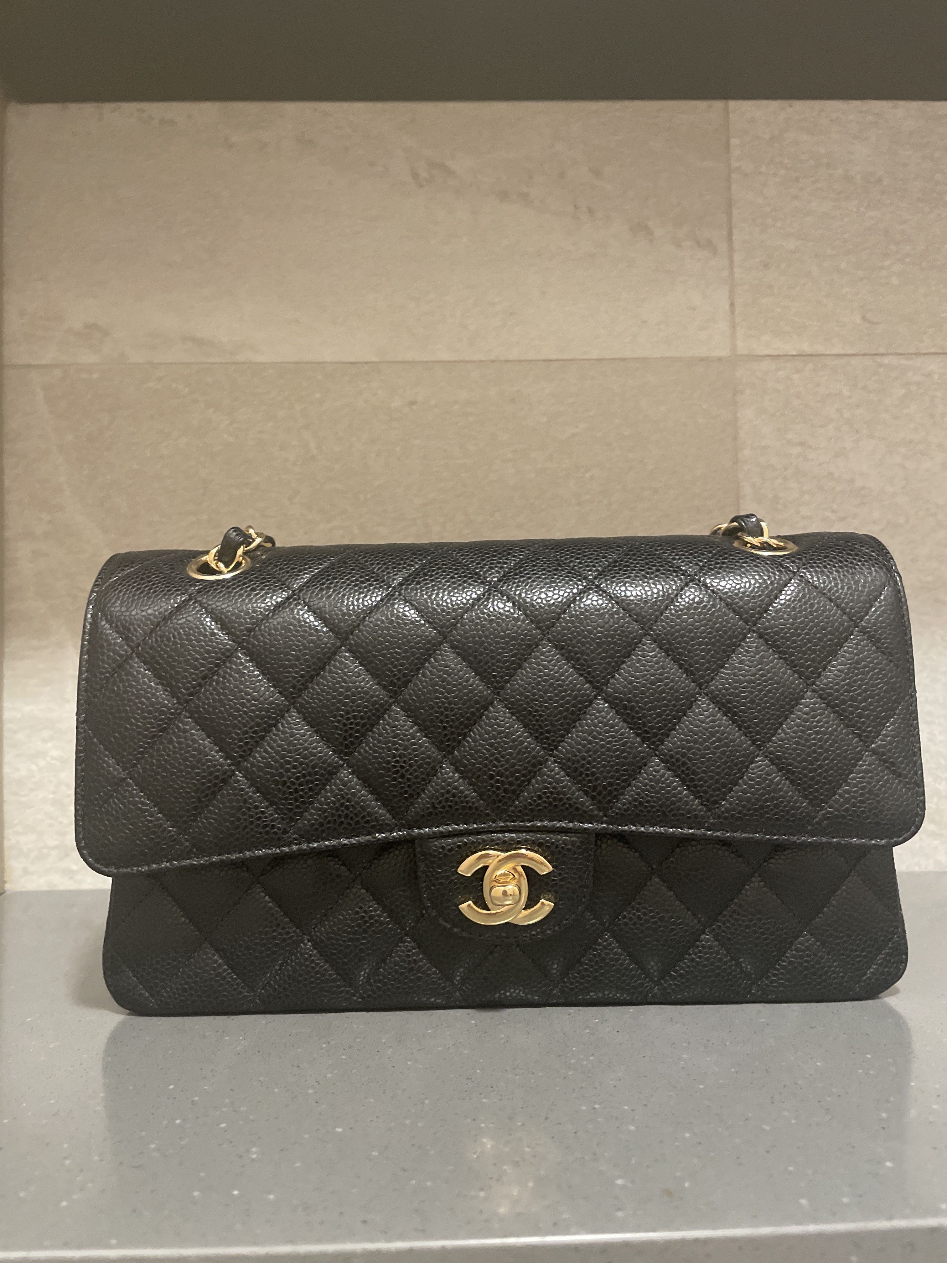 New 2023 CHANEL Medium Classic Caviar Double Flap Black Bag Gold HWR  MICROCHIP