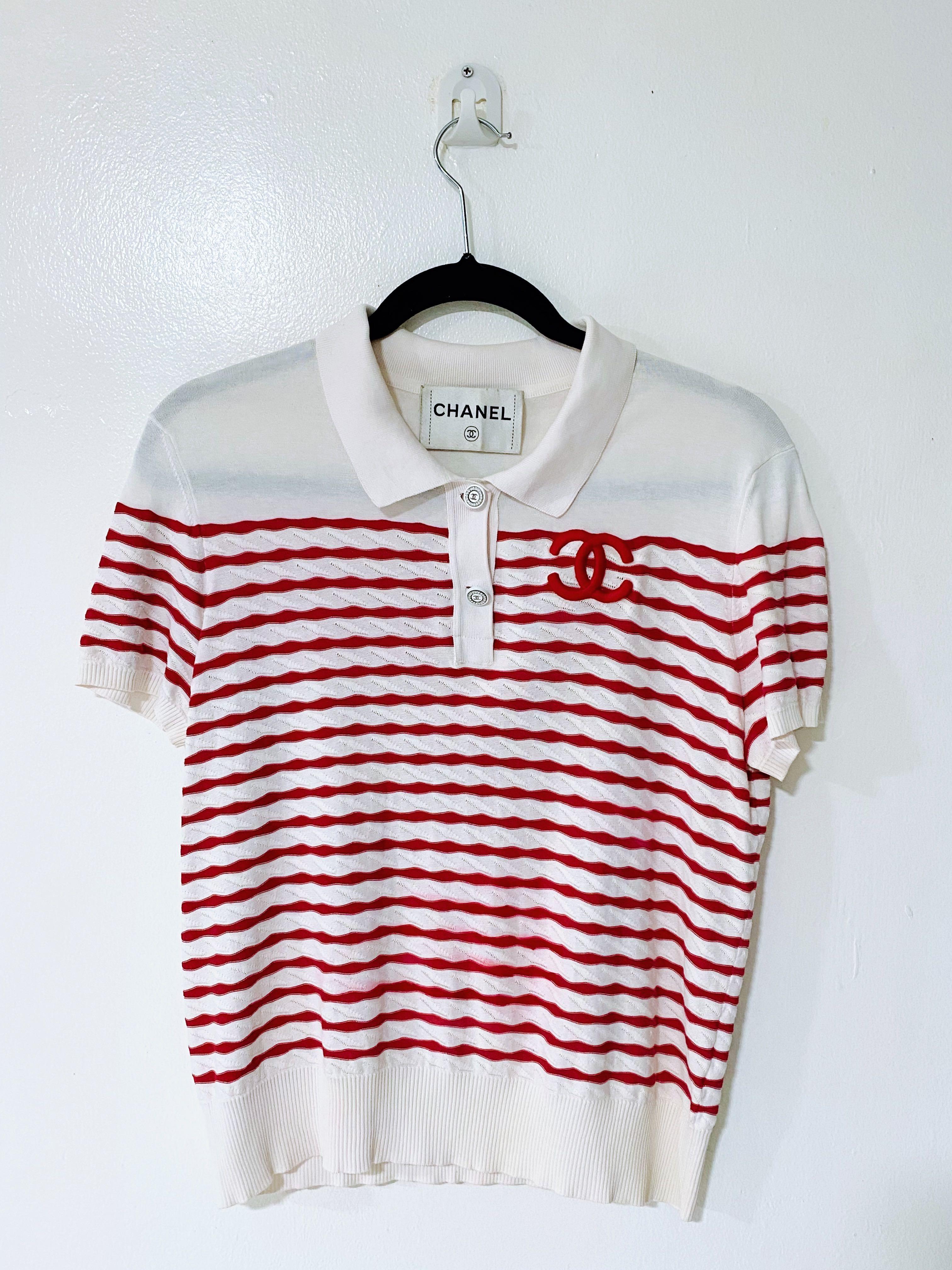 Chanel 19C Red striped T Shirt Knitwear Luxury Apparel on