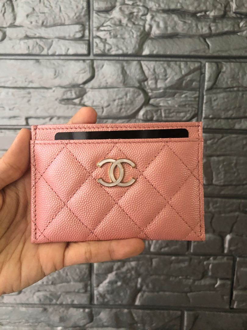 Chanel 19S Iridescent Pink Flat Cardholder with Pearl Cc Logo, Luxury, Bags  & Wallets on Carousell