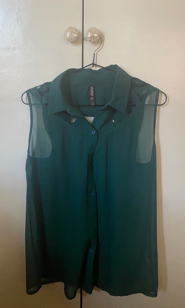 Green sheer top with cut outs, Women's Fashion, Tops, Sleeveless on
