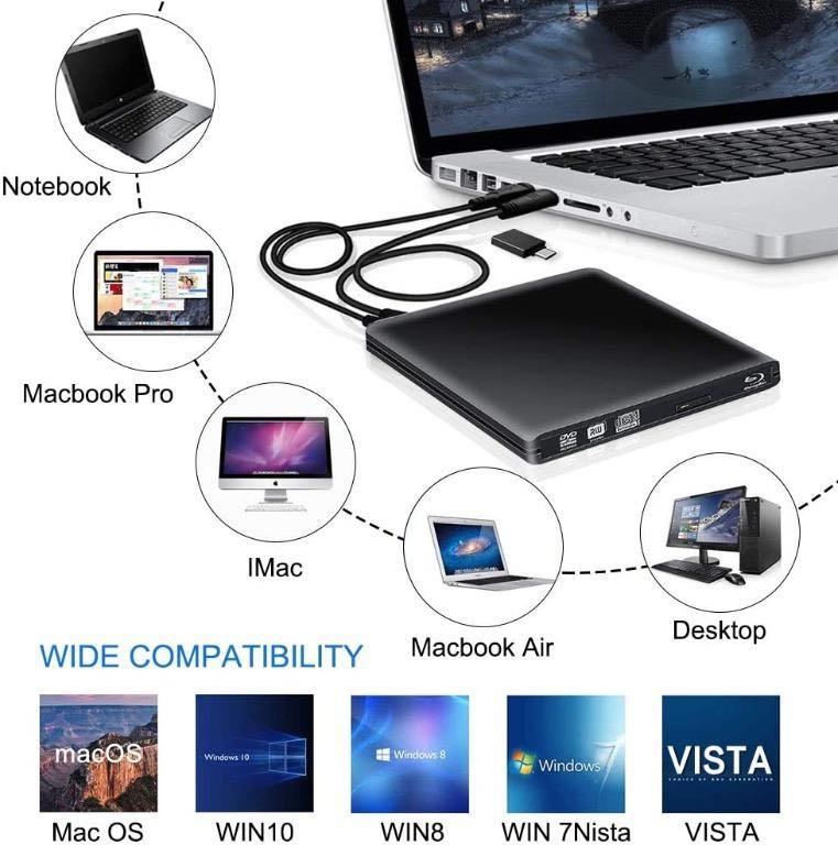 K43 External Blu Ray DVD Drive 3D,USB 3.0 Bluray Disc Burner Reader