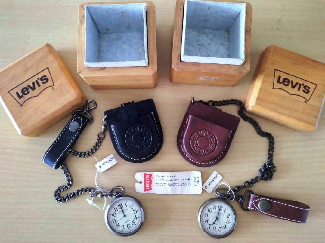 Original Vintage Levi Strauss Pocket Watch with Leather Case Metal Chain and Wood Box