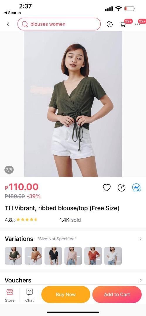 Ribbed Wrap Style Blouse, worn thrice, free size (Category: Blouses) located in Quezon City. Submitted by tsktsktskk (Listing ID 1174444522, Image 1). Description: Ribbed Wrap Style Blouse, worn thrice, free size bought from shopee. RFS: Decluttering.