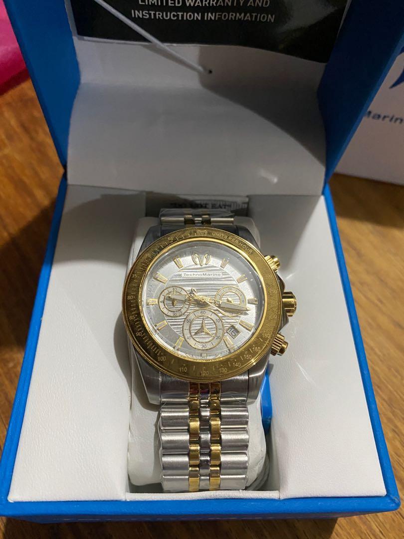 Tachnomarine Manta Ray 42mm (Category: Luxury Watches) located in Angeles City. Submitted by brea.alexandria (Listing ID 1174414162, Image 2). Description: AUTHENTIC TechnoMarine Manta Ray Men’s Watch - 42mm, Steel, Gold (TM-219020) Case and Dial Case Size: 42mm Case Material: Stainless Steel Bezel Material: Stainless Steel Bezel Color: Crown Type: Screw Down Crystal Type: Mineral Dial Material: Metal Movement Caliber: VD53 Function Type: Quartz 