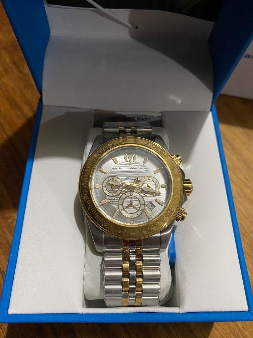 Tachnomarine Manta Ray 42mm (Category: Luxury Watches) located in Angeles City. Submitted by brea.alexandria (Listing ID 1174414162, Image 1). Description: AUTHENTIC TechnoMarine Manta Ray Men’s Watch - 42mm, Steel, Gold (TM-219020) Case and Dial Case Size: 42mm Case Material: Stainless Steel Bezel Material: Stainless Steel Bezel Color: Crown Type: Screw Down Crystal Type: Mineral Dial Material: Metal Movement Caliber: VD53 Function Type: Quartz 