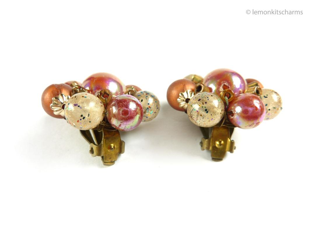 Vintage 1950s Japan Rust Red Glitter Cluster Clip Earrings er2121