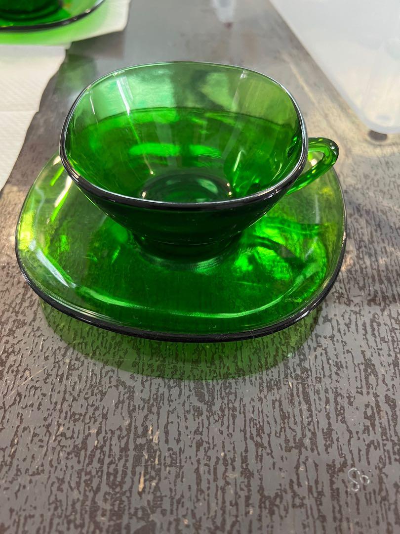 Vintage Green Glass Cups and Saucers, a set of 6pcs, Furniture & Home