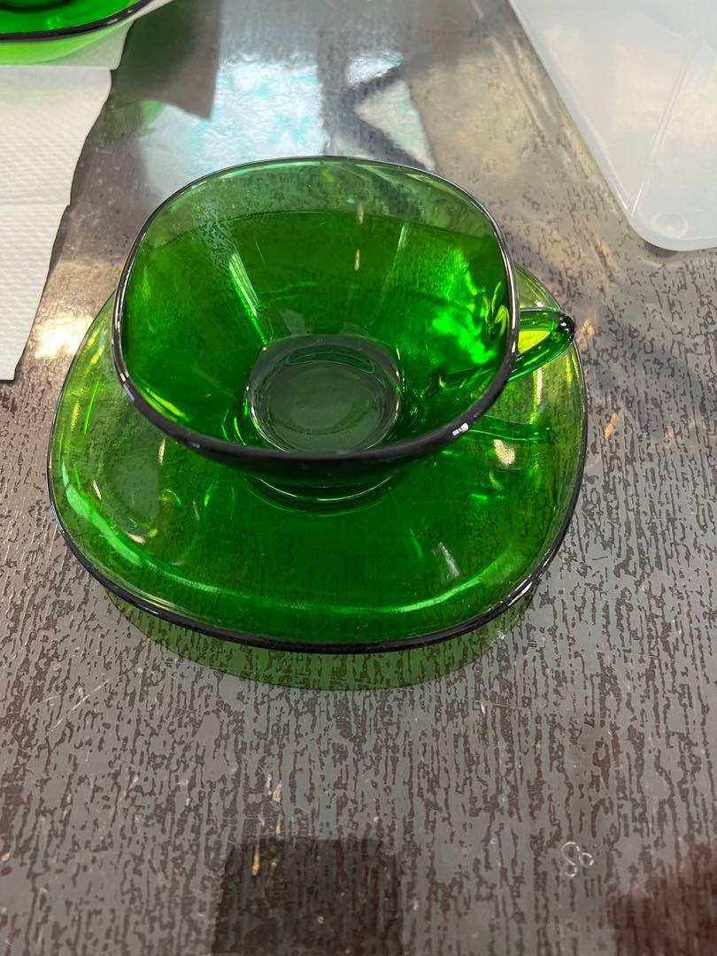 Vintage Green Glass Cups and Saucers, a set of 6pcs, Furniture & Home