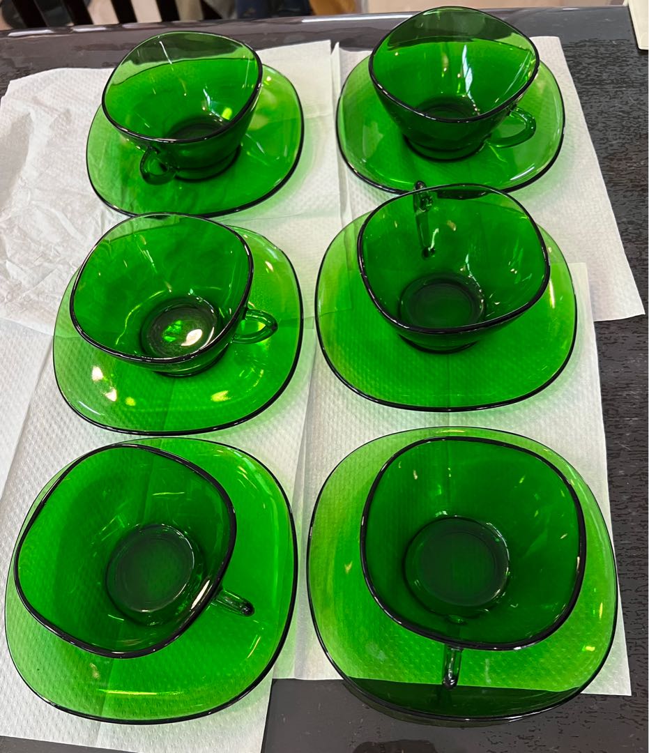 Vintage Green Glass Cups and Saucers, a set of 6pcs, Furniture & Home