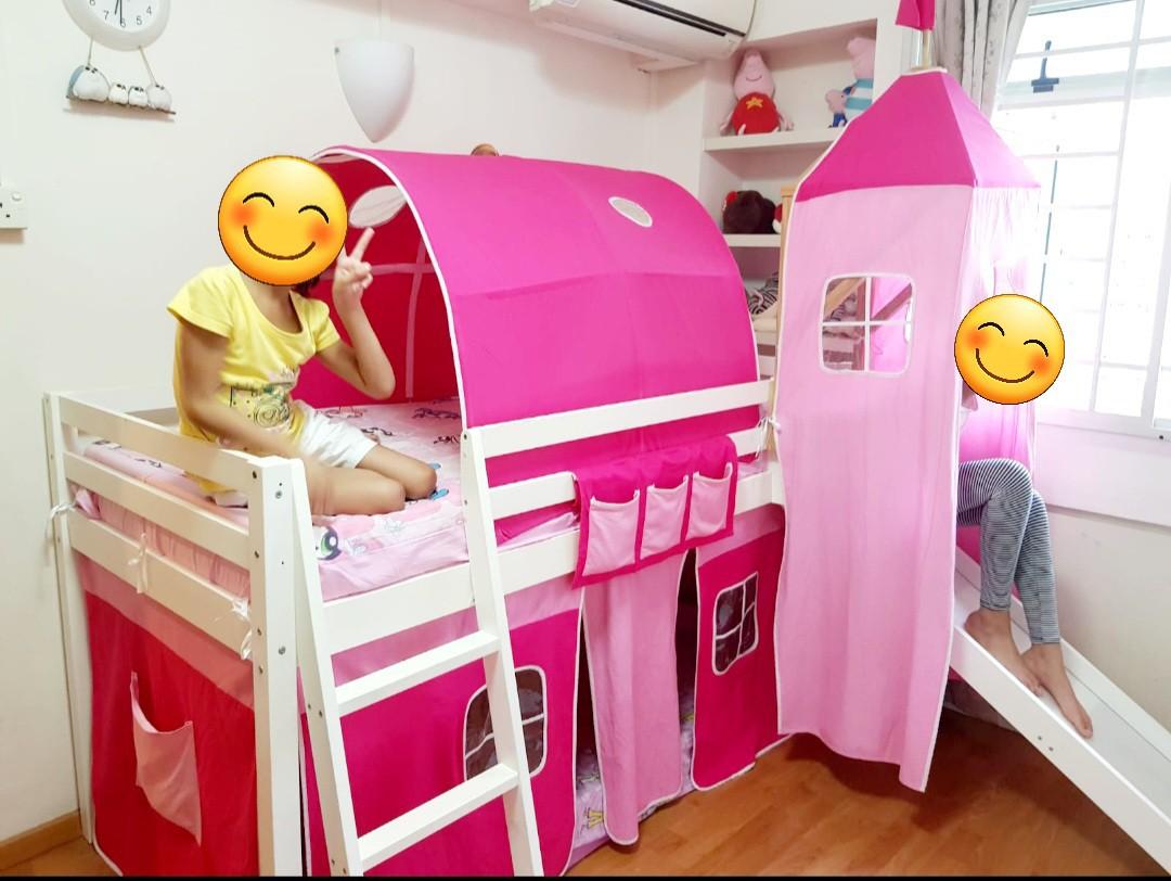 Wooden loft bed / bunk bed with canopy and castle attachments, Babies