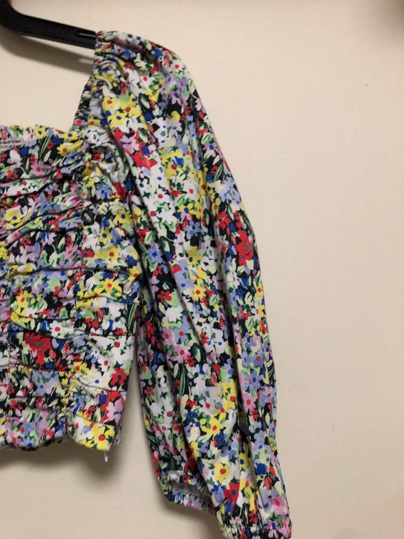 Zara Floral Puff Sleeve Crop Top, Women's Fashion, Tops, Blouses on