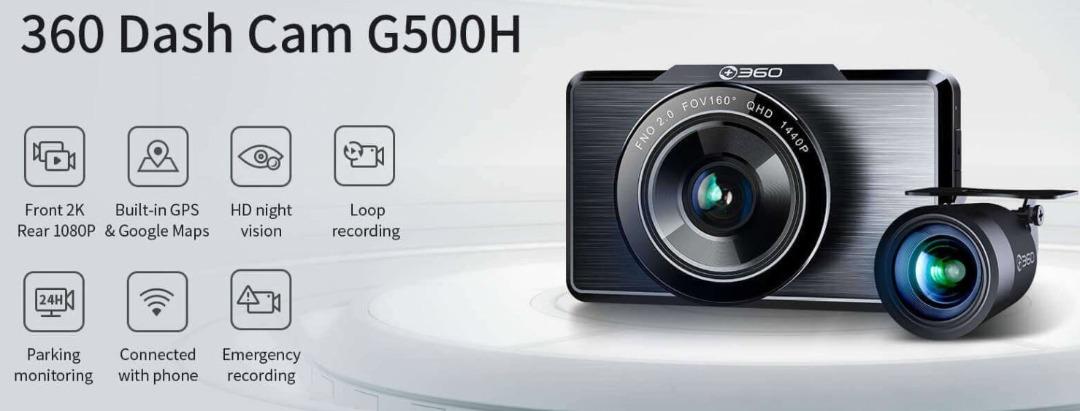 360 G500H Dash Cam Front and Rear,160° Wide Angle Color Night Vision Loop Recording 24hr Motion Detection Parking Mode G-Sensor-Black Premium Front 2K FHD Rear 1080P Dual Camera 
