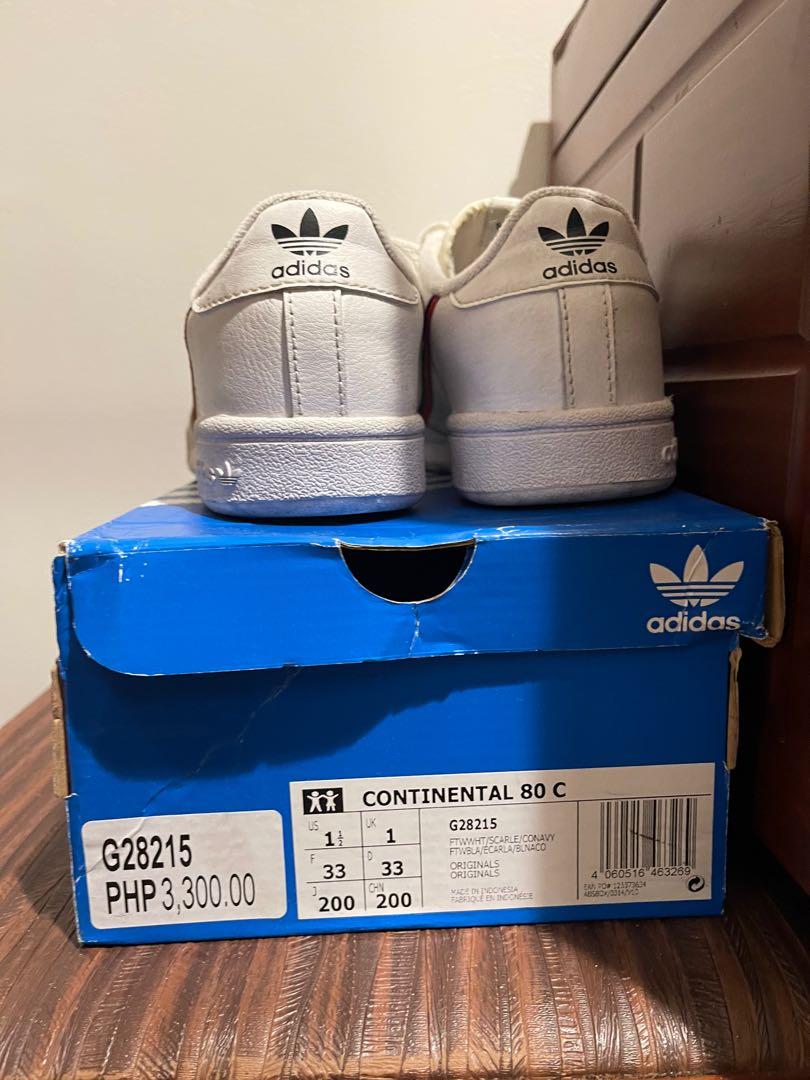 Adidas Kids Continental 80 (Category: Sneakers) located in Quezon City. Submitted by robinbatsky (Listing ID 1174683627, Image 3). Description: Used only twice. Original prices: 3,300 as seen on box Selling price: 2,500 US Size: 1 and 1/2 In cm: 20.3 cm.