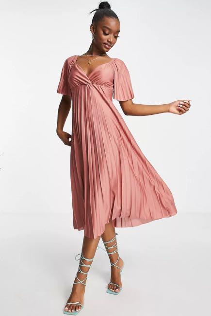 ASOS DESIGN pleated twist back cap sleeve midi dress in dark rose