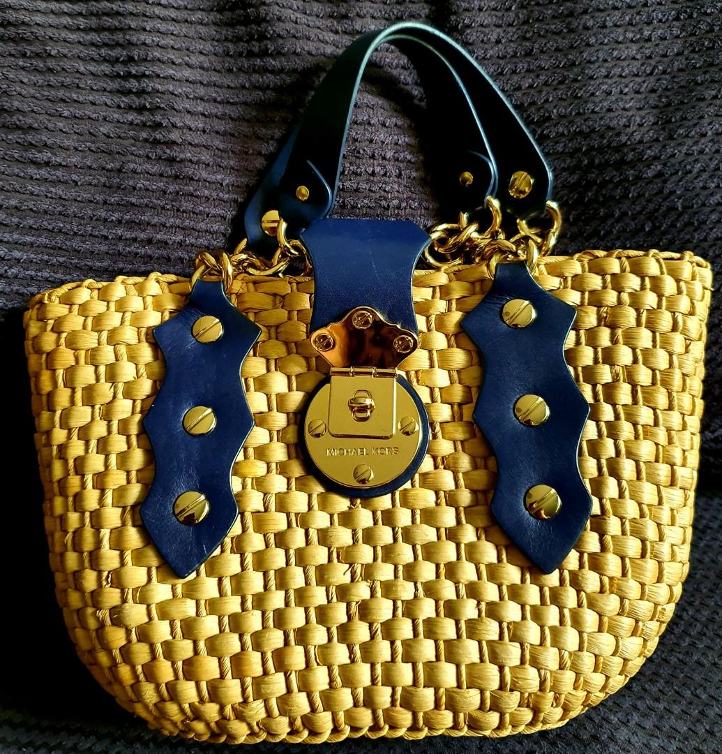 AUTHENTIC MK SANTORINI RAFFIA SUMMER PURSE BROWN STRAW LEATHER