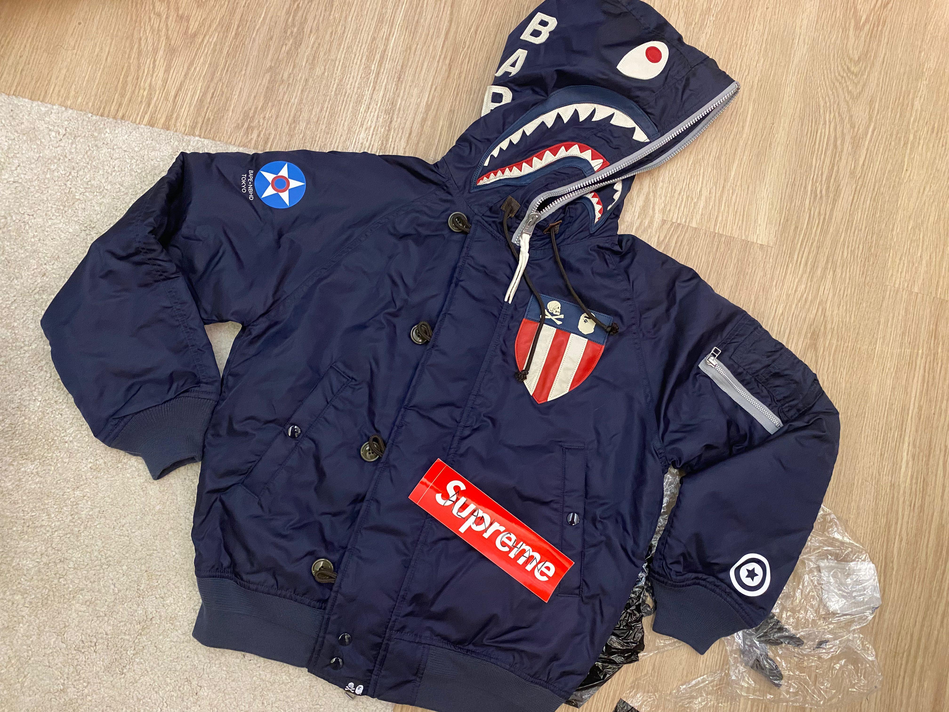 Bape x NBHD N-2B鯊魚Shark jacket, 男裝, 外套及戶外衣服- Carousell