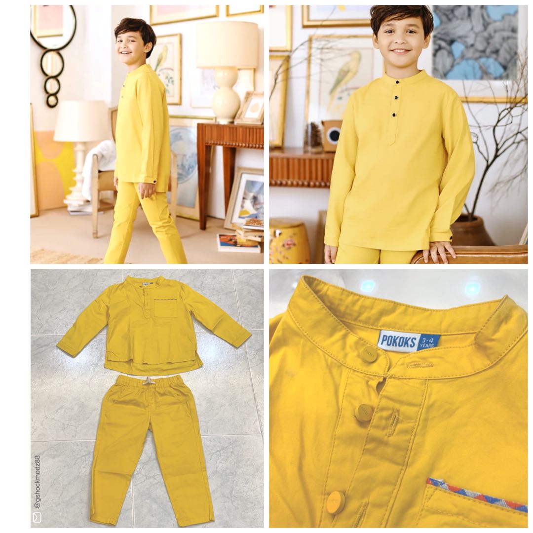 Dijon mustard yellow baju kurung boy Raya outfit, Babies & Kids, Babies