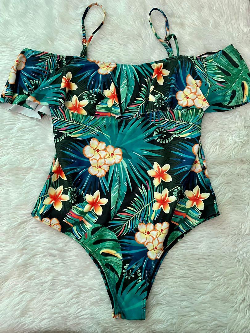 Green Floral One Piece Swimsuit, Women's Fashion, Swimwear, Bikinis
