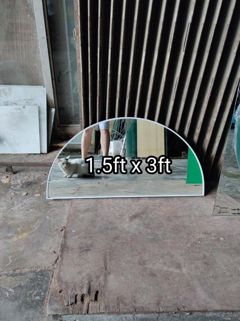 Half moon mirror (Category: Mirrors) located in Malabon City. Submitted by mirrors.ph (Listing ID 1174560182, Image 1). Description: Half moon mirror with white aluminum frame and plywood backing. Using 6mm thick copper free lead free mirror. Size: 1.5ft x 3ft P1215 Add P200 if with back hook Available colors gold, glossy black, matte black, white and silver aluminum frame. Customize sizes and shapes are welcome..