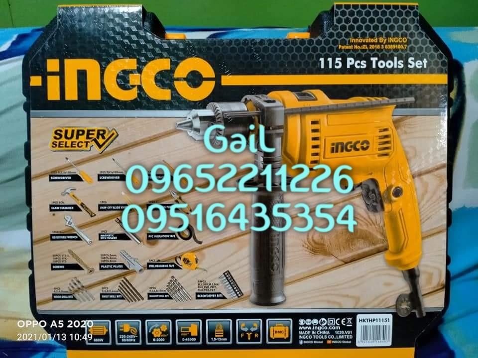 INGCO Impact Drill with Tool Set - 115 Pcs Tools Set (Category: Construction Tools & Equipment) located in Caloocan City. Submitted by abieghail (Listing ID 1174538446, Image 1). Description: INGCO Impact Drill with Tool Set - 115 Pcs Tools Set Model : HKTHP11151 Package Inclusion : 1 Pc. 680W Impact Drill（ID6808） 220-240V~50/60Hz,13mm key chuck 1 Pc. 8Oz Claw Hammer 1 Pc. 7” Combination Pliers 1 Pc. 6" Adjustable Wrench 1 Pc. SL5.5x100 Screwdriv